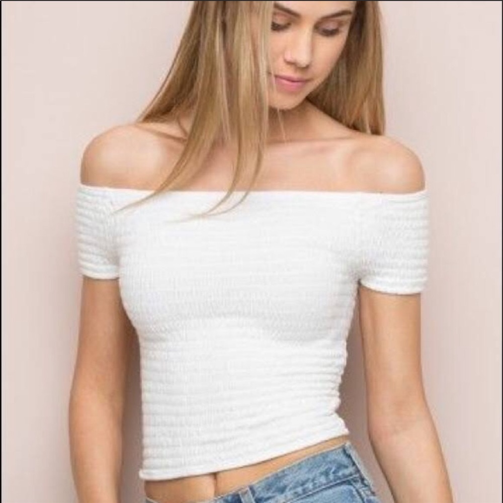 Brandy Melville white runched off the shoulder top